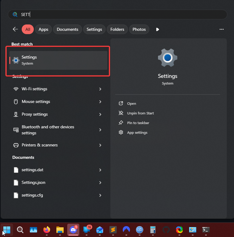 Windows search showing Settings app