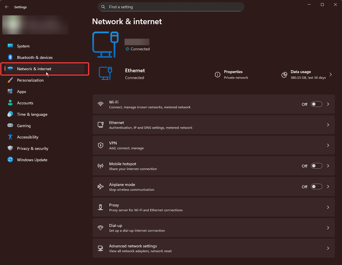 Windows Settings showing Network &amp; Internet option