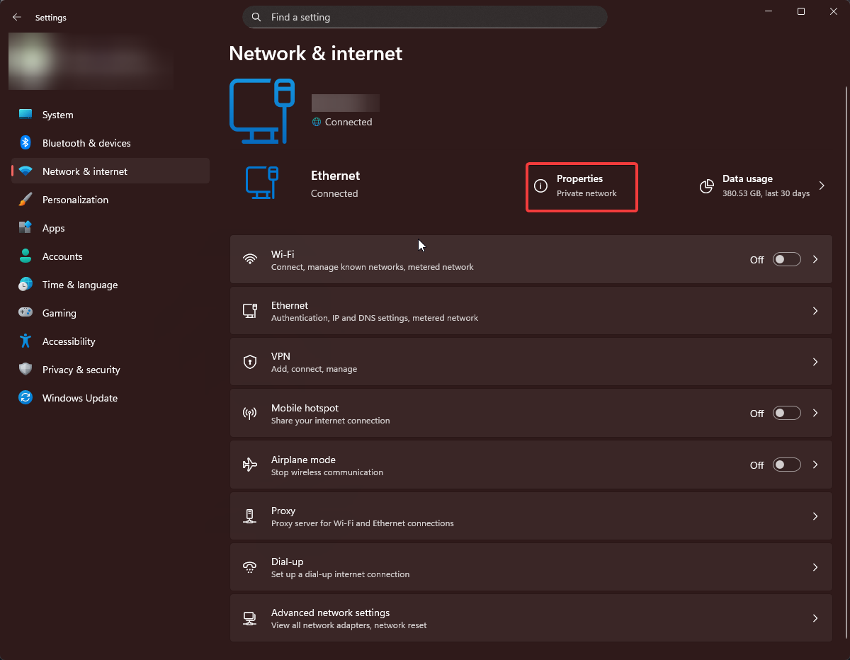 Network status showing network profile type