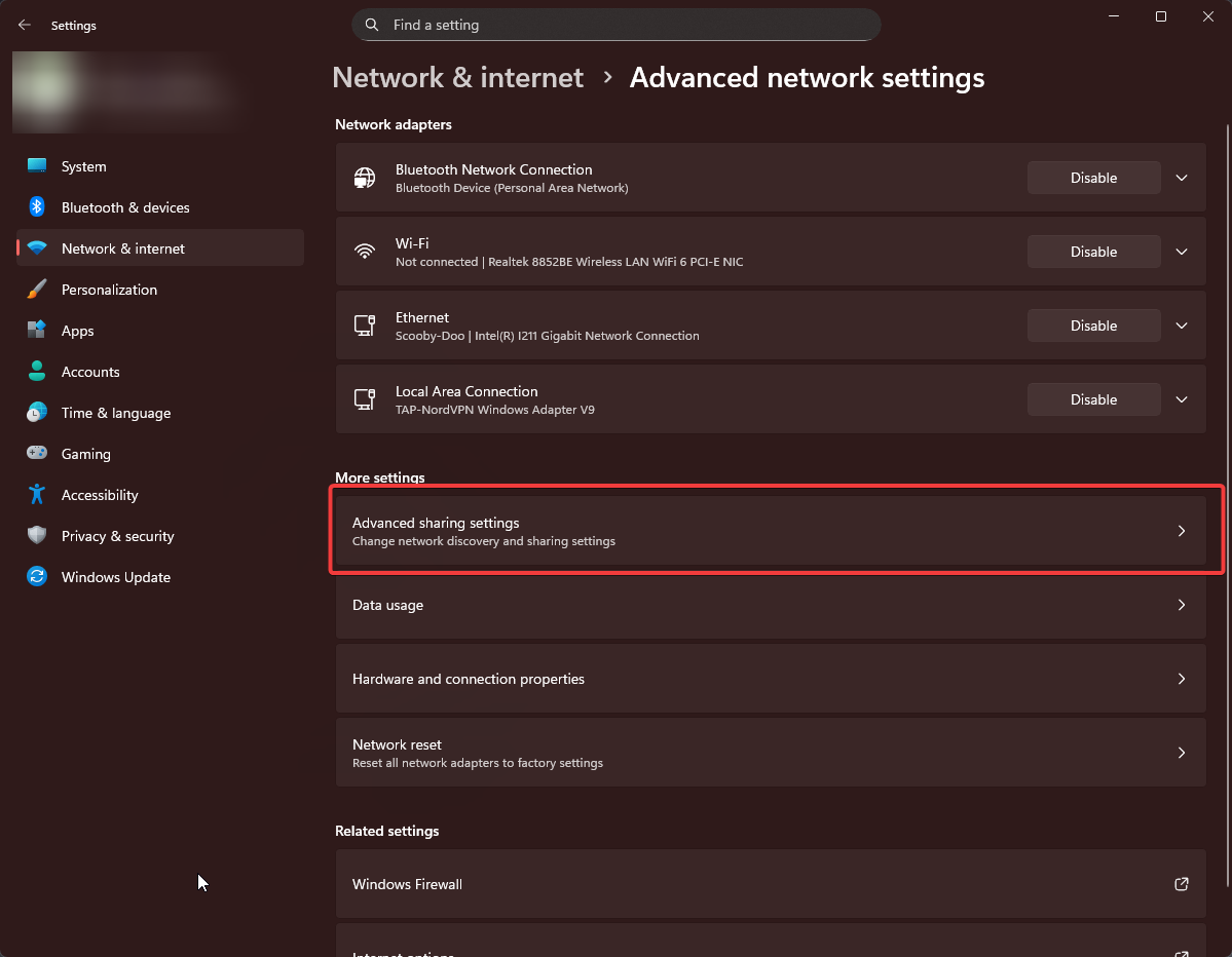 Advanced sharing settings panel