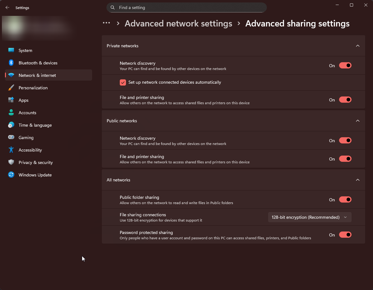 Advanced sharing settings with network discovery and file sharing enabled