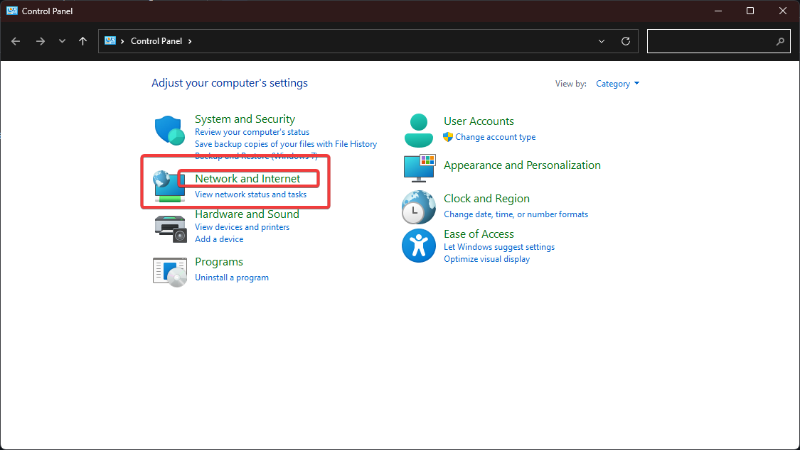 Control Panel showing Network and Internet option