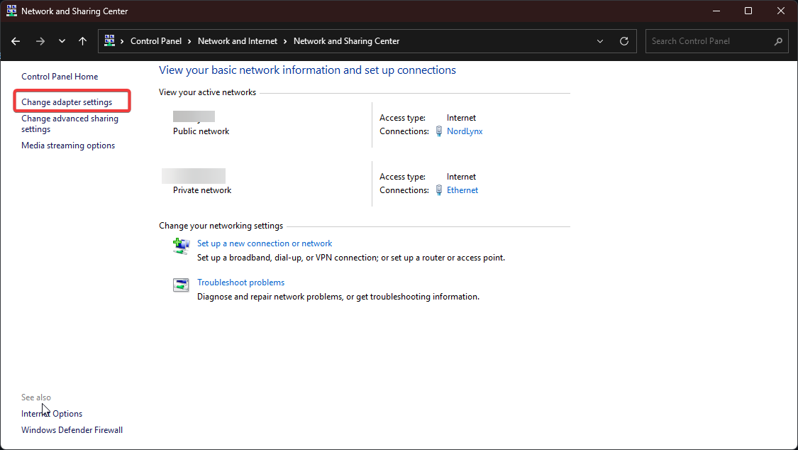 Network and Sharing Center with Change adapter settings highlighted