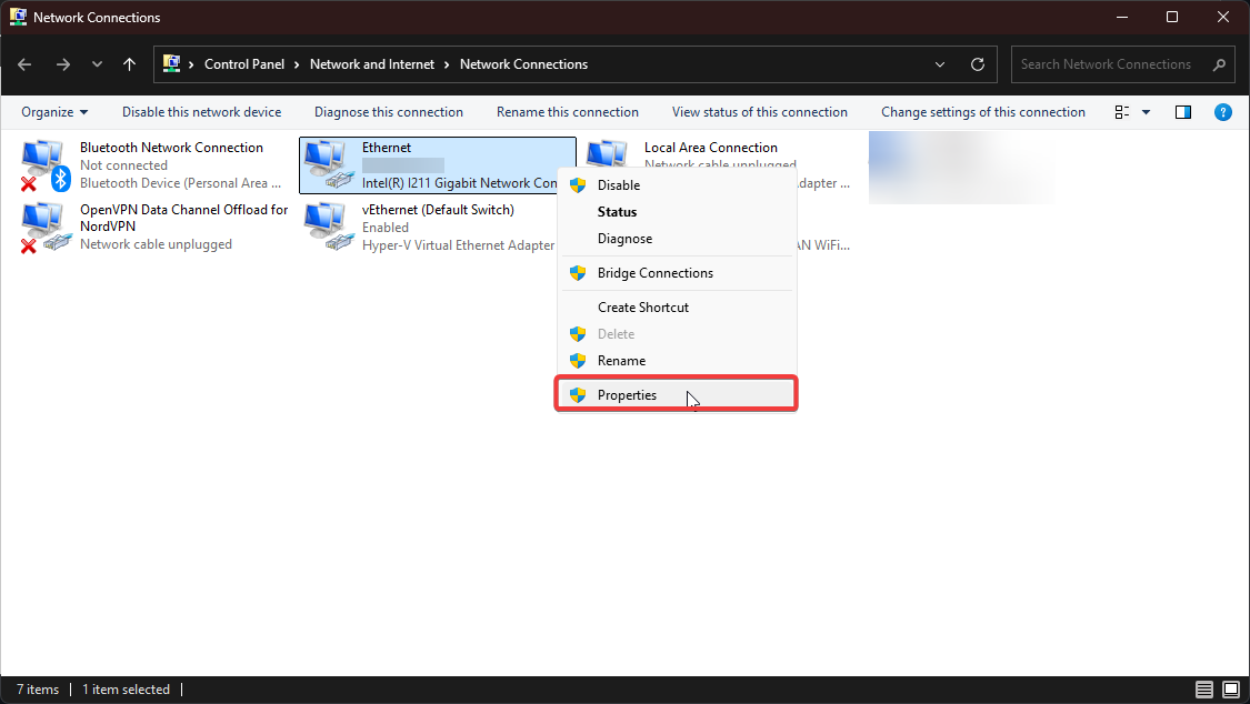 Right-click menu on Ethernet adapter showing Properties option